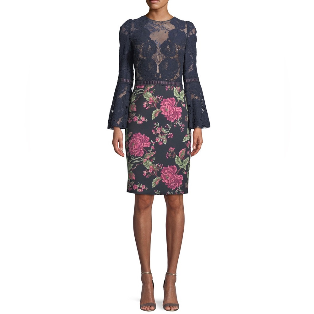 TADASHI SHOJI Lace Trumpet-Sleeve Cocktail Dress w/ Floral Skirt